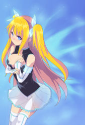 Rule 34 | 1girl, aizawa hikaru, bare shoulders, blonde hair, blue eyes, breasts, cleavage, detached sleeves, dress, female focus, from above, gradient background, hair ribbon, highres, large breasts, long hair, microsoft, os-tan, pleated skirt, ribbon, saiste, silverlight, skirt, smile, solo, thighhighs