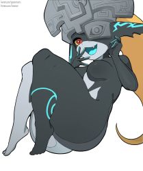Rule 34 | 1girl, breasts, colored sclera, colored skin, colored tongue, fang, feet, female focus, gatotorii, hand to own mouth, helmet, highres, long hair, medium breasts, midna, multicolored skin, neon trim, nintendo, no nipples, one eye covered, open mouth, orange hair, pointy ears, ponytail, red eyes, simple background, smile, solo, the legend of zelda, the legend of zelda: twilight princess, thick thighs, thighs, toes, tongue, two-tone skin, white background, yellow sclera
