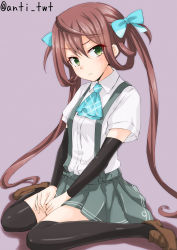 Rule 34 | &gt;:&lt;, 10s, 1girl, :&lt;, anti (untea9), arm warmers, asagumo (kancolle), black thighhighs, blue bow, bow, brown footwear, brown hair, closed mouth, collared shirt, frown, green eyes, grey background, grey skirt, hair bow, hair ornament, hands on own knees, highres, kantai collection, loafers, long hair, looking at viewer, pleated skirt, shirt, shoes, simple background, sitting, skirt, solo, suspenders, thighhighs, twintails, twitter username, v-shaped eyebrows, white shirt