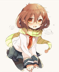 Rule 34 | 1girl, black pantyhose, blue skirt, blush, brown hair, commentary request, full body, green scarf, hair between eyes, hair ornament, hairclip, ikazuchi (kancolle), kantai collection, looking at viewer, medium hair, miniskirt, necktie, open mouth, pantyhose, pleated skirt, red necktie, scarf, seiza, shirt, simple background, sitting, skirt, smile, solo, striped clothes, striped scarf, uru uzuki, white background, white shirt, yellow scarf