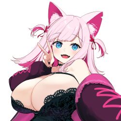 Rule 34 | 1girl, :d, animal ear fluff, animal ears, black choker, black dress, blue eyes, bow, breast strap, breasts, choker, cleavage, dress, fangs, hair bow, hand up, head tilt, highres, huge breasts, indie virtual youtuber, jacket, lace, lace-trimmed dress, lace trim, light blush, long hair, long sleeves, looking at viewer, momoeolia, off shoulder, open mouth, pink hair, pink jacket, red bow, selfie, sidelocks, simple background, single bare shoulder, smile, solo, swept bangs, tongue, tsukimiya yue, two side up, upper body, v, virtual youtuber, white background