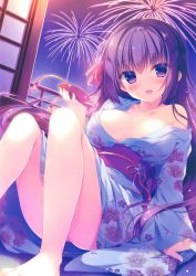 Rule 34 | 1girl, :d, absurdres, arm support, bare shoulders, barefoot, blush, breasts, breasts apart, collarbone, cup, dutch angle, fireworks, floral print, flower, furisode, hair flower, hair ornament, head tilt, highres, holding, japanese clothes, kimono, large breasts, long hair, looking at viewer, night, obi, off shoulder, on floor, open mouth, original, purple eyes, purple hair, railing, sakazuki, sash, scan, smile, solo, very long hair, yukie (peach candy)