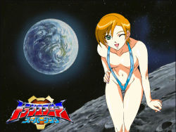Rule 34 | 00s, 1girl, blush, breasts, covered erect nipples, earth (planet), female focus, green eyes, groin, hand on own hip, happy, hip focus, leaning forward, legs, moon, nail polish, navel, nipples, on moon, one-piece swimsuit, one eye closed, orange hair, outdoors, pink nails, planet, sally jones, short hair, sideboob, slingshot swimsuit, small breasts, smile, solo, space, star (symbol), swimsuit, transformers, transformers energon, wink