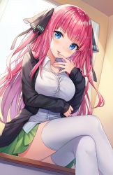 Rule 34 | 1girl, backlighting, black cardigan, black ribbon, blue eyes, blush, breasts, cardigan, collarbone, collared shirt, commentary request, crossed legs, curtains, day, desk, dress shirt, dutch angle, feet out of frame, fingernails, go-toubun no hanayome, green skirt, hair ribbon, highres, hitsukuya, indoors, long hair, long sleeves, looking at viewer, medium breasts, nail polish, nakano nino, on desk, open cardigan, open clothes, pink hair, pleated skirt, purple nails, ribbon, school desk, shirt, signature, sitting, on desk, skirt, sleeves past wrists, solo, sunlight, thighhighs, tongue, tongue out, two side up, very long hair, white shirt, white thighhighs, window