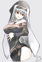 Rule 34 | 1girl, arknights, belt, belt buckle, black dress, breasts, buckle, cowboy shot, dated, dress, grey background, grey hair, habit, highres, jewelry, large breasts, long sleeves, looking at viewer, miyopiwi, nun, open mouth, pelvic curtain, red eyes, simple background, smile, solo, specter (arknights)