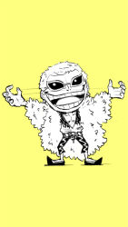 Rule 34 | 1boy, arms up, belt, blacknirrow, chibi, donquixote doflamingo, flame print, full body, fur (clothing), happy, legs apart, male focus, monochrome, one piece, open clothes, open mouth, open shirt, outstretched arms, pants, pectorals, pointy footwear, shoes, short hair, simple background, sketch, smile, solo, spread arms, standing, string, sunglasses, teeth, yellow background