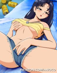 Rule 34 | 1girl, anioco, artist name, beer can, blush, breasts, brown eyes, can, cross, cross necklace, denim, drink can, fingering, grabbing, grabbing another&#039;s breast, grabbing own breast, highres, jewelry, katsuragi misato, large breasts, long hair, lying, masturbation, mature female, navel, necklace, neon genesis evangelion, open mouth, patreon username, purple hair, scar, shorts, spread legs, tagme, tank top, thighs, unbuttoned, underboob, unzipped