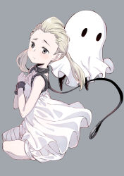 1girl, absurdres, bandages, bandaged leg, bandages, black collar, black leather, blonde hair, blush, closed mouth, collar, collarbone, creature, dress, fio (nier), floating, ghost, grey background, grey eyes, hair slicked back, highres, leash, mama (nier), moto toshi, nier (series), nier reincarnation, simple background, twintails, white dress