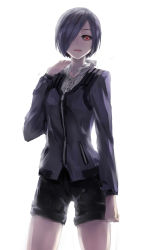 Rule 34 | 10s, 1girl, backlighting, black hair, black sclera, colored sclera, hair over one eye, highres, jacket, kirishima touka, looking at viewer, parted lips, red eyes, short hair, shorts, simple background, solo, thigh gap, tokyo ghoul, white background, ye (heroyexin)