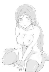 Rule 34 | 1girl, between legs, breasts, collarbone, duke (inu daimyou), greyscale, hair ornament, hair scrunchie, hand between legs, large breasts, long hair, love live!, love live! school idol project, monochrome, nipples, no shoes, nude, scrunchie, sitting, smile, solo, thighhighs, tojo nozomi, twintails