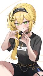 Rule 34 | 1girl, absurdres, black collar, black hairband, black nails, black shirt, black shorts, blonde hair, blush, collar, commentary, dokibird (vtuber), gold belt, gold necklace, green eyes, grin, hair ornament, hairband, heart, heart hands, highres, hoangryu, indie virtual youtuber, jewelry, long hair, looking at viewer, nail polish, necklace, shirt, shorts, side ponytail, smile, solo, star (symbol), star hair ornament, virtual youtuber, white background, x hair ornament