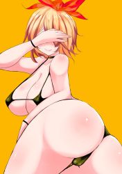 Rule 34 | 1girl, ass, bikini, blush, breasts, embarrassed, female focus, han (jackpot), hand over face, large breasts, lips, short hair, simple background, solo, swimsuit, thick thighs, thighs, toramaru shou, touhou, twisted torso