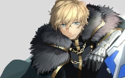 Rule 34 | 1boy, armor, black gloves, blonde hair, blue eyes, cape, collared cape, fate/extra, fate/grand order, fate (series), fur collar, gauntlets, gawain (fate), gloves, green cape, highres, knight, knights of the round table (fate), light smile, long sleeves, looking at viewer, male focus, rinsaku22, short hair, simple background, smile, solo, upper body, white background