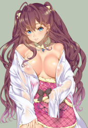 Rule 34 | 1girl, ahoge, bare shoulders, blue eyes, blush, bow, breasts, breasts out, brown hair, clothes pull, coat, detached collar, dress, dress pull, hair between eyes, highres, ichinose shiki, idolmaster, idolmaster cinderella girls, jewelry, lab coat, large breasts, long hair, looking at viewer, necklace, off shoulder, open clothes, open coat, pink dress, plaid, plaid dress, see-through, shigaoka, smile, solo, two side up, undressing, wavy hair, wet, wet clothes