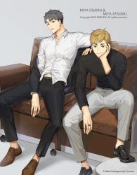 Rule 34 | 2boys, blonde hair, brothers, brown eyes, character name, couch, grey hair, haikyuu!!, hand on another&#039;s shoulder, head rest, head tilt, highres, jewelry, looking at viewer, miya atsumu, miya osamu, multiple boys, off shoulder, ri mumu, ring, shirt, shoes, siblings, signature, simple background, sitting, twins, white shirt