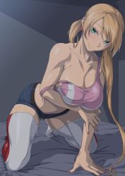 Rule 34 | 1girl, arm support, arm under breasts, bare shoulders, belt, blonde hair, breasts, brown belt, cleavage, closed mouth, collarbone, commentary request, commission, denim, denim shorts, earrings, eyebrows hidden by hair, full body, green eyes, groin, gundam, gundam tekketsu no orphans, hair between eyes, heart, heart earrings, highres, indoors, jewelry, kneeling, lafter frankland, large breasts, long hair, looking at viewer, midriff, nail polish, no shoes, on bed, ozaneko, pink tank top, red nails, shadow, shirt, short shorts, shorts, sidelocks, skeb commission, skindentation, smile, solo, strap slip, tank top, taut clothes, taut shirt, thighhighs, twintails, white thighhighs