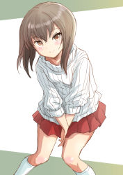 Rule 34 | 1girl, alternate costume, brown eyes, brown hair, commentary request, dress, fuji (pixiv24804665), highres, kantai collection, kneehighs, pleated dress, red skirt, ribbed sweater, skirt, socks, solo, squatting, standing, sweater, taihou (kancolle), v arms, white socks, white sweater