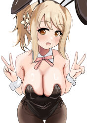 1girl blonde_hair blush breasts cleavage large_breasts long_hair looking_at_viewer love_live! love_live!_nijigasaki_high_school_idol_club miyashita_ai open_mouth pisagi rabbit_ears simple_background smile solo twintails white_background