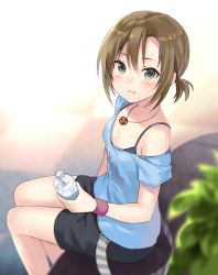 Rule 34 | 10s, 1girl, bare legs, bare shoulders, black bra, black shorts, blue shirt, blurry, blush, bottle, bra, breasts, brown hair, bush, cleavage, collarbone, crown, depth of field, fukahire (ruinon), green eyes, hair ornament, hairclip, holding, holding bottle, idolmaster, idolmaster cinderella girls, jewelry, looking at viewer, low neckline, low ponytail, medium breasts, mini crown, necklace, pendant, plant, shirt, short hair, short ponytail, short sleeves, shorts, sitting, solo, star (symbol), sweat, sweatband, t-shirt, tada riina, underwear, water bottle