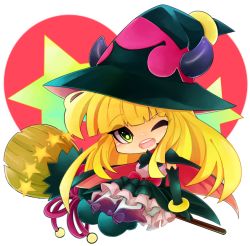 Rule 34 | 1girl, bad id, bad pixiv id, blonde hair, bow, broom, cape, dress, duel monster, ghostrick witch, gloves, hat, horns, long hair, looking at viewer, monako (motapotan), shoes, solo, star (symbol), thighhighs, witch hat, yellow eyes, yu-gi-oh!