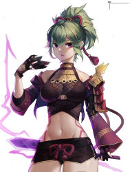 Rule 34 | 1girl, absurdres, armor, bare shoulders, black nails, black shirt, body markings, breasts, brown shorts, cleavage, cowboy shot, crop top, cropped jacket, crossed bangs, daeno, dagger, electricity, fishnet top, fishnets, genshin impact, gloves, green hair, hair between eyes, highres, holding, holding dagger, holding knife, holding mask, holding weapon, jacket, knife, kuki shinobu, large breasts, looking at viewer, mask, unworn mask, medium hair, mouth mask, nail polish, navel, parted lips, partially fingerless gloves, ponytail, purple eyes, purple jacket, rope, shimenawa, shirt, short shorts, shorts, shoulder armor, sidelocks, simple background, sleeveless, sleeveless shirt, sleeves past wrists, solo, standing, stomach, turtleneck, weapon, white background, wide sleeves