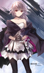 Rule 34 | 1girl, artist name, bad id, bad pixiv id, bare shoulders, black gloves, capelet, choker, gloves, half gloves, long hair, looking at viewer, paradise, pixiv fantasia, pixiv fantasia fallen kings, red eyes, silver hair, sketch, smile, solo, swd3e2, translation request