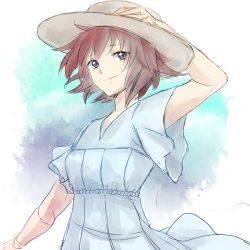Rule 34 | 10s, 1girl, bad id, bad pixiv id, canon memphis, dress, hand on headwear, hat, hiki-wota, looking at viewer, purple eyes, red hair, short hair, sketch, smile, solo, soukyuu no fafner, sun hat