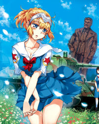 Rule 34 | 2girls, blonde hair, blue eyes, blush, breasts, breasts squeezed together, brown hair, character request, cleavage, collarbone, cover, cover page, crossed arms, flower, grass, hair ornament, headpiece, helmet, joseph stalin, katukov, leaning forward, medium breasts, military, military vehicle, motor vehicle, multiple girls, nogami takeshi, open mouth, original, outdoors, petals, real life, real life insert, school uniform, serafuku, serafuku to juusensha, short hair, standing, statue, tagme, tank, vehicle