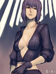 Rule 34 | 1girl, black eyes, breasts, fumio (rsqkr), ghost in the shell, gloves, jacket, kusanagi motoko, open clothes, open jacket, purple hair, short hair, sketch, solo, unzipped