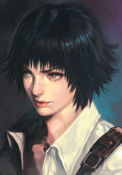 Rule 34 | 1girl, black hair, blue eyes, capcom, closed mouth, devil may cry, devil may cry (series), devil may cry 3, heterochromia, holster, hungry clicker, jewelry, lady (devil may cry), lips, necklace, portrait, pouch, red eyes, scar, scar on face, scar on nose, shirt, short hair, simple background, smile, solo, upper body, white shirt