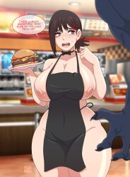 Rule 34 | 1boy, 1girl, absurdres, alternate breast size, apron, bare shoulders, black apron, blurry, blurry background, blurry foreground, breasts, brown eyes, brown hair, burger, chainsaw man, claws, collarbone, covered navel, cowboy shot, curvy, furanh, hair ornament, hairclip, higashiyama kobeni, highres, huge breasts, indoors, matching hair/eyes, mole, mole under mouth, naked apron, nipples, open mouth, restaurant, shiny skin, short hair, short ponytail, speech bubble, standing, tears, teeth, text focus, thick thighs, thighs, tongue, upper teeth only, wide hips