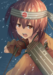 Rule 34 | 10s, 1girl, arrow (projectile), breasts, brown eyes, brown gloves, brown hair, flight deck, gloves, hachimaki, headband, hiryuu (kancolle), hiryuu kai ni (kancolle), japanese clothes, kantai collection, looking to the side, one side up, open mouth, partially fingerless gloves, partly fingerless gloves, short hair, simple background, solo, tai (nazutai), water drop, yugake
