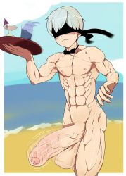 Rule 34 | 1boy, abs, beach, blush, bow, bowtie, covered eyes, erection, foreskin, large penis, lostanemone, male focus, muscular, nier (series), nier:automata, nipples, nude, pectorals, penis, solo, testicles, tray, white hair, 9s (nier:automata)
