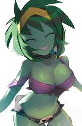 Rule 34 | 1girl, arms at sides, backlighting, black shorts, breasts, cleavage, closed eyes, colored skin, cowboy shot, crop top, earrings, facing viewer, green hair, green skin, grin, hairband, highres, jaibus, jewelry, medium breasts, medium hair, midriff, navel, purple tank top, rottytops, shantae (series), short shorts, shorts, simple background, skull belt, skull earrings, smile, solo, stitches, stomach, strap slip, tank top, thigh gap, undead, white background, yellow hairband, zombie