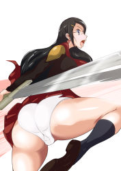Rule 34 | 1girl, ass, black hair, blue eyes, breasts, cape, final fantasy, final fantasy type-0, from behind, from below, glasses, hair ornament, hairclip, highres, huge ass, long hair, miniskirt, open mouth, panties, queen (fft-0), shijima (pixiv1182172), shiny skin, simple background, skirt, solo, striped, striped background, sword, underwear, upskirt, weapon, white panties