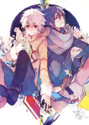 Rule 34 | 2boys, bandaid, blue hair, book, flower, gloves, holding hands, jacket, minatsume, mouse (animal), multiple boys, nezumi (no.6), no.6, red eyes, scarf, shion (no.6), sitting, smile, white hair