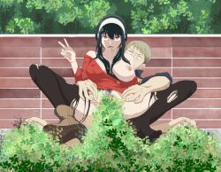 Rule 34 | 1boy, 1girl, ahegao, black hair, breasts, breasts out, bush, cum, cum in mouth, full body, hetero, highres, huge filesize, large breasts, nipples, one shoe, open mouth, outdoors, pencil drawing, red eyes, red sweater, sex, sex from behind, spy x family, stealth sex, sweater, torn clothes, v, yor briar