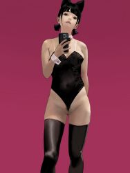 Rule 34 | 1girl, absurdres, animal ears, arm behind back, bare shoulders, black eyes, black hair, black leotard, black thighhighs, breasts, cat ears, cellphone, closed mouth, female pubic hair, frontal wedgie, highres, hiramedousa, holding, holding phone, leotard, looking at viewer, medium breasts, mole, mole on breast, mole on thigh, original, phone, pubic hair, pubic hair peek, purple background, short hair, short twintails, simple background, smartphone, solo, standing, thighhighs, twintails, wedgie, wrist cuffs