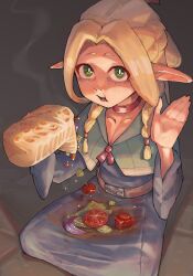Rule 34 | 1girl, absurdres, belt, blonde hair, blue dress, braid, brown belt, choker, dress, dungeon meshi, eating, food, food on clothes, food request, full body, green eyes, hand up, highres, long hair, long sleeves, looking at viewer, marcille donato, messy, open mouth, pointy ears, red choker, sitting, solo, sparkle, twin braids, yaroslavee