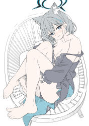 Rule 34 | 1girl, animal ear fluff, animal ears, barefoot, black dress, black panties, blue archive, blue eyes, blush, breasts, cleavage, closed mouth, cross hair ornament, dark halo, dress, extra ears, grey hair, hair between eyes, hair ornament, halo, highres, looking at viewer, masabodo, medium breasts, medium hair, mismatched pupils, panties, shiroko (blue archive), shiroko terror (blue archive), solo, toes, underwear, wolf ears