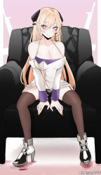 Rule 34 | 1girl, absurdres, alternate costume, armchair, artist name, bare shoulders, black panties, black thighhighs, blonde hair, blush, boots, breasts, chair, cleavage, closed mouth, collarbone, commentary, commission, dress, english commentary, full body, g3 (girls&#039; frontline), garter straps, girls&#039; frontline, hair ornament, hairclip, high heel boots, high heels, highres, long hair, looking at viewer, medium breasts, panties, pantyshot, pixiv commission, purple eyes, simple background, sitting, smile, solo, thighhighs, underwear, white dress, white footwear, wuwuwu (kriswu555)