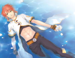 Rule 34 | 00s, 1boy, belt, coat, expressionless, fingerless gloves, flower, gloves, green eyes, iwatsuki, luke fon fabre, lying, male focus, midriff, pants, red hair, solo, tales of (series), tales of the abyss, water