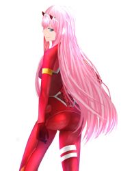 Rule 34 | 10s, 1girl, aqua eyes, ass, bodysuit, breasts, cloud, cowboy shot, darling in the franxx, female focus, from behind, hairband, highres, horns, long hair, looking at viewer, looking back, medium breasts, pilot suit, pink hair, red bodysuit, solo, standing, very long hair, white background, white hairband, zero two (darling in the franxx)
