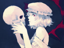 Rule 34 | 1girl, bare shoulders, bat wings, blue background, hat, huyukai higeta, looking at viewer, mob cap, nail polish, off shoulder, open mouth, profile, red eyes, remilia scarlet, short hair, simple background, skull, solo, touhou, upper body, wings