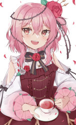 Rule 34 | 1girl, blush, brown eyes, clothing cutout, cup, dress, flower, hair flower, hair ornament, highres, holding, holding cup, holding plate, lolita fashion, looking to the side, nijisanji, nijisanji en, open mouth, pink hair, plate, red dress, red flower, red rose, rose, rosemi lovelock, short sidetail, shoulder cutout, smile, solo, swon (joy200892), tea, teacup, virtual youtuber