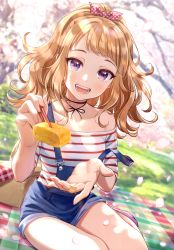 Rule 34 | 1girl, absurdres, bandaid, basket, blonde hair, blue eyes, blurry, blurry background, blush, bow, breasts, chopsticks, closed mouth, day, fingernails, food, hair bow, highres, lips, long hair, looking at viewer, morikura en, off shoulder, omelet, open mouth, original, outdoors, overall shorts, overalls, petals, polka dot, polka dot bow, scan, simple background, sitting, small breasts, smile, solo, striped, tamagoyaki