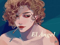 Rule 34 | 1boy, bishounen, blue background, brown eyes, carlos robledo puch, cigarette, copyright name, curly hair, el angel (film), highres, kagoya1219, light brown hair, lips, looking at viewer, male focus, portrait, short hair, signature, smoking, solo, topless male