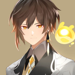 Rule 34 | 1boy, black hair, brown background, brown hair, closed mouth, collared shirt, earrings, eyeshadow, formal, genshin impact, gradient hair, hair between eyes, highres, jacket, jewelry, long hair, looking at viewer, makeup, male focus, multicolored hair, necktie, ponytail, red eyeshadow, seelie (genshin impact), shiki (kanamimi 170451), shirt, simple background, single earring, smile, solo, tassel, tassel earrings, yellow eyes, zhongli (genshin impact)