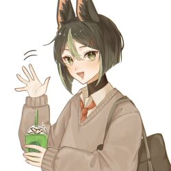 Rule 34 | 1boy, alternate costume, animal ear fluff, animal ears, bag, black hair, blush, brown sweater, coffee cup, commentary, cup, disposable cup, earrings, fox boy, fox ears, genshin impact, green eyes, green hair, highres, holding, holding cup, jewelry, looking at viewer, male focus, multicolored hair, papipipi71, red tie, school bag, school uniform, shirt, simple background, single earring, solo, sweater, tighnari (genshin impact), waving, white background, white shirt