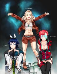 Rule 34 | + +, 3girls, :&lt;, :d, ;), abs, animal ear headphones, animal ears, artist name, asymmetrical bangs, axent wear, bare shoulders, belt, black legwear, blonde hair, blue-tinted eyewear, blue eyes, blue hair, blunt bangs, breasts, brown footwear, brown jacket, brown shorts, cat ear headphones, character name, cleavage, closed mouth, collarbone, commentary, crop top, cross-laced footwear, detached sleeves, drill hair, fake animal ears, fang, freckles, fur trim, genzai (sereneandsilent), gloves, green eyes, groin, hair flaps, hair ribbon, hair slicked back, hand on own thigh, hands on hilt, headphones, hexagon, highres, honeycomb (pattern), honeycomb print, hood, hooded jacket, jacket, japanese clothes, jewelry, kako (sereneandsilent), kimono, large breasts, long sleeves, looking at viewer, medium breasts, midriff, mirai (sereneandsilent), multiple girls, necklace, obi, one eye closed, open clothes, open jacket, open mouth, original, outstretched arms, pointy ears, red eyes, red gloves, red hair, ribbon, sandals, sash, sereneandsilent, sheath, sheathed, shirt, shorts, sitting, smile, socks, sparkle, standing, star tattoo, sword, tattoo, thighhighs, tinted eyewear, twin drills, unzipped, v, v-shaped eyebrows, visor, weapon, white legwear, white ribbon, white shirt, zipper
